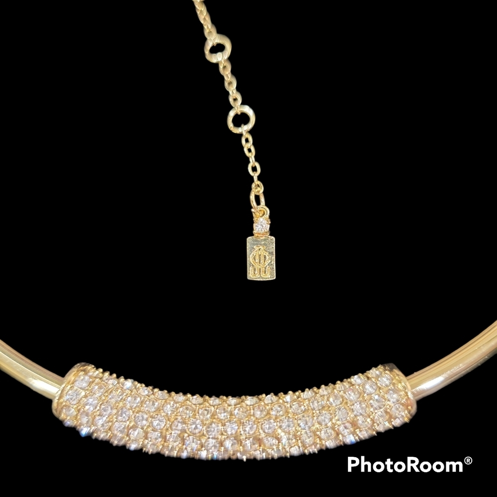 Vintage Designer SignedJ.J. Johanette Gold ToneCubic Zirconia ChokerNecklace - Picture 2 of 11